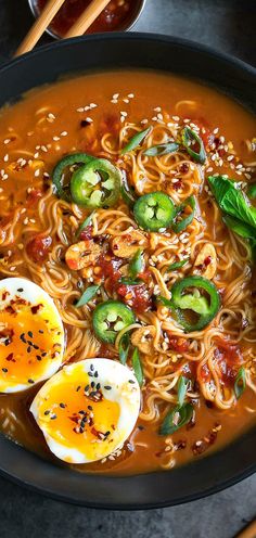 a bowl of ramen soup with hard boiled eggs and vegetables in it, along with chopsticks on the side