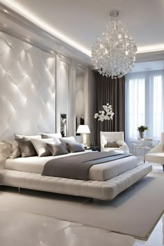 a large white bed sitting in a bedroom next to a chandelier hanging from the ceiling