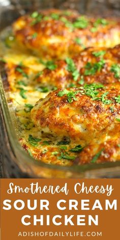 a cheesy chicken casserole in a glass dish with parsley on top