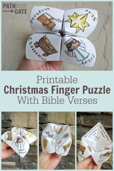 the printable christmas finger puzzle with bible verses is shown in three different pictures