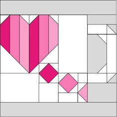 a pink and white quilt block with hearts on it's sides, in the center