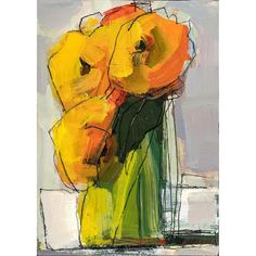 a painting of yellow flowers in a green vase