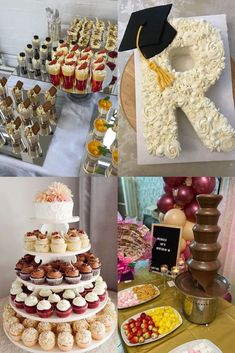 there are many different cakes and cupcakes on the table in this collage