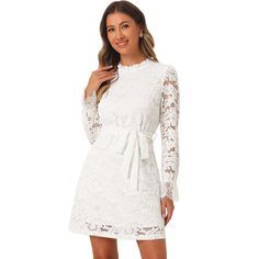 This stunning dress is a true masterpiece with its delicate lace overlay that exudes elegance and sophistication. The classic shift silhouette offers a timeless appeal, while the button closure at the back ensures a secure fit. The sheer bell sleeves and the soft scallop trim add a touch of femininity to the dress, making it perfect for special occasions. To complete your look, pair this dress with strap-heeled sandals and a sleek clutch, and you'll be ready to turn heads wherever you go. Feminine Lace Dress With Lace Sleeves For Date Night, Long Sleeve Delicate Lace Dress For Formal Occasions, Elegant Lace Patchwork Mini Dress For Date Night, Elegant Mini Dress With Lace Patchwork For Date Night, Elegant Lace Patchwork Mini Dress For Formal Occasions, Elegant Mini Dress With Lace Patchwork For Formal Events, Elegant Mini Dress With Lace Sleeves For Date Night, Elegant Wedding Mini Dress With Lace Trim, Formal Feminine Mini Dress With Lace Sleeves