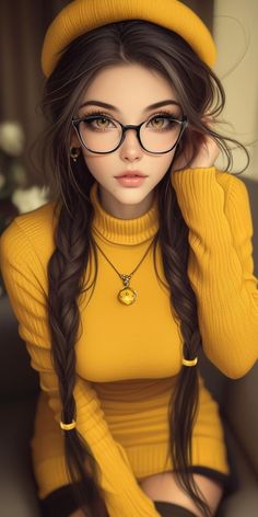 a young woman wearing glasses and a yellow sweater is sitting on a couch with her hands behind her head