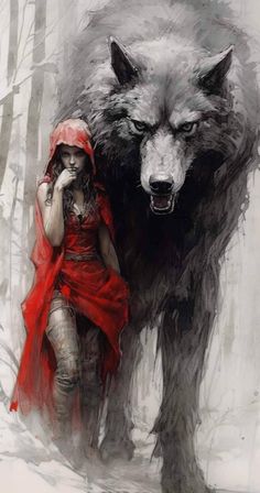 a painting of a woman and a wolf in the woods with red cloaks on