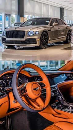 the inside and outside of a luxury car showroom with orange leather seats, steering wheel