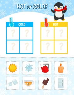 a penguin is sitting on top of a snow covered hill with the words hot or cold?