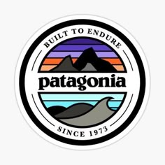 the logo for patagonia is shown in black and white, with mountains behind it