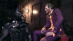 the dark knight and joker are talking together in batman ark, which appears to be an old - fashioned video game