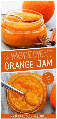 3 ingredient orange jam has a warm and sunny flavor that's perfect for winter. This simple canning recipe uses just fresh oranges and sugar, with optional warm spices like cinnamon, star anise, and clove. Preserve the taste of oranges in this delightful jam. Find more fruit preserves, ways to preserve oranges, preserving oranges, and No Pectin Jam Recipes at practicalselfreliance.com. Orange Peel Jam, Canning Satsuma Oranges, Winter Jams And Jellies, How To Preserve Mandarin Oranges, Orange Rinds Uses, Spiced Orange Jam, Tangerine Jam Recipe, Preserving Oranges, Pickled Oranges