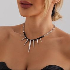 Fun Necklace. Measurements On Picture. New In Package. Metal Is Zinc Alloy. Necklace Measurements, Leather Choker Necklace, Spike Necklace, Punk Inspiration, Leather Chokers, Cool Necklaces, Chain Link, Womens Jewelry Necklace, Zinc Alloy