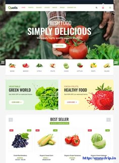 the website is displayed with vegetables and fruits on it, including tomatoes, lettuce,