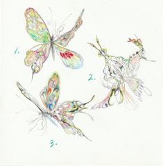 three different colored butterflies are shown in this drawing, with numbers on the bottom and bottom