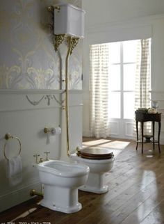 two toilets in a bathroom with wooden floors