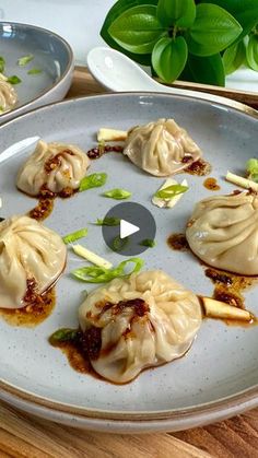 some dumplings are sitting on a plate with sauce and garnishes around them