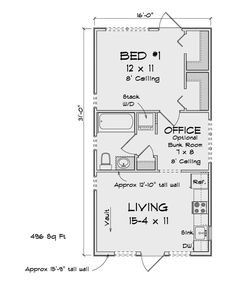 the floor plan for a small house with two bedroom and living areas on each side