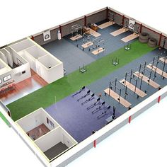 an overhead view of a gym with exercise mats, benches, and equipment for people to use