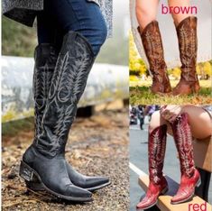 Knee High Ethnic Fashion Boots · KoKo Fashion · Online Store Powered by Storenvy Knee High Western Boots, Mid Heel Boots, Popular Boots, Pu Boots, Country Boots, Boots Vintage, Boot Shoes, Rounded Toe Boots, Leather Cowboy Boots