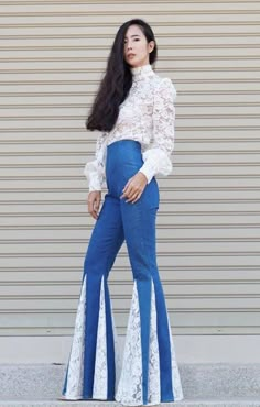 Blouse And Bell Bottoms, Fabric Bell Bottoms, Diy Flare Jeans With Fabric, Flare Jeans With Lace, Pant Fashion Women, Different Pants Styles For Women, High Waisted Fashion, Cute Custom Outfits, Homemade Bell Bottoms