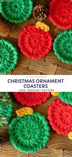 christmas ornament coasters made with crochet and pine cones on a wooden surface