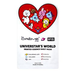 UNIVERSTAR’S WORLD Printed Essence Sheet Mask - Infused with Hyaluronic Acid, Collagen, AHA Sheet masks The Crème Shop x BT21 Sheet Mask Collection, The Crème Shop, The Creme Shop, Creme Shop, Skin Regimen, Peppermint Leaves, Dry Face, Hydrating Mask, Hydrolyzed Collagen