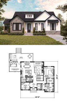 the floor plan for this modern house is shown in two different views, and it has three