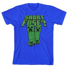 Celebrate the creative crafting game with this Minecraft tee. The shirt features two green creepers as green letters above the pair read, "Short Fuse?" The tee comes in a royal blue short sleeve crew neck. Bring it home to your young Minecraft gamer today. William Core, Minecraft Creepers, Shop Minecraft, Green Letters, Short Fuse, Royal Blue T Shirt, Royal Blue Shorts, Spiderman Party, Red Velvet Joy