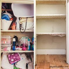 an open closet with clothes and other items on shelves next to a closed white door