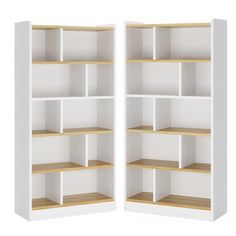 two white bookcases with wooden shelves against a white background, one is open and the other has no doors