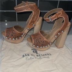 Brand New And Never Worn. Comes With Dust Bag. Only Tried On Once. These Heels Are Discontinued And The Company No Longer Accepts Custom Orders. Bar 9l Designs Is Based Out Of Colorado. Tts Women’s 6. Paid $650 For Them. Western Leather Heels, Western Heels, Bohemian Heels, Strappy Pumps, Western Outfit, Mid Heel Sandals, Custom Bar, Shoes Custom