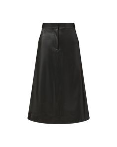 The classic A-line skirt, coated to look like leather. Equal parts polish and edge, the high-waisted midi has a beautiful drape and movement with each step. Style with a silk top and suede boots for city-chic appeal.100% PolyurethaneCoating: 95% Rayon, 5% ElastaneLining: 100% PolyesterDry clean onlyStyle #2408LT5130438 Vegan Leather Skirt, Beautiful Drapes, Evening Shoes, Veronica Beard, City Chic, Pump Sandals, Skirt Black, Silk Top, Suede Boots