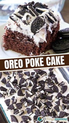 Close-up of a slice of Oreo poke cake topped with whipped topping and crushed Oreos, showcasing its moist texture and layers of indulgent flavor.