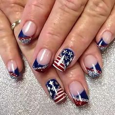 Flag Nails, Patriotic Nails, Nails Short Square, Glitter French Tips, Fourth Of July Nails, Press On Nails Short, 4th Of July Nails, July Nails