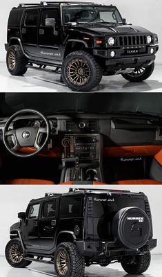 two pictures of the interior and dashboard of a black hummer with gold rims