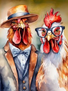 two roosters dressed in suits and hats are standing next to each other wearing glasses