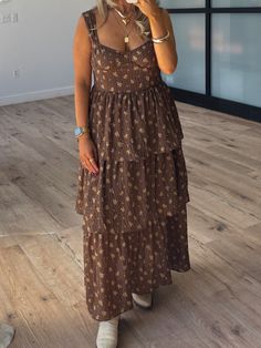 Serena Tiered Dress | Brown Floral Brown Pattern Dress, Brown Floral Dress, Ruffle Tiered Dress, Skirt Model, Tiered Ruffle Skirt, Tiered Midi Dress, Brown Dress, Brown Floral, Ruffle Skirt