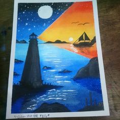 a painting of a lighthouse on the ocean with a sailboat in the distance at night