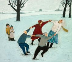 a group of people playing in the snow with one person pulling another from his back