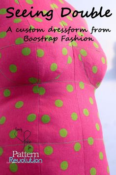 a pink dress with green polka dots on it and the words seeing double, a custom design from bootstrap fashion