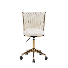 an office chair with wheels and a white upholstered seat