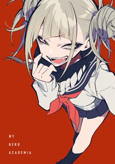 an anime character with blonde hair and bangs talking on a cell phone in front of a red background