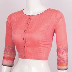 Hand Block Printed Linen Blouse With Full Sleeve 10018865 Size - 38 - AVISHYA.COM Blouse Degine, Saree Jacket Designs, Blusas Top, Latest Model Blouse Designs