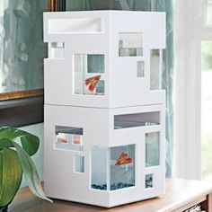 a white model house with fish in it on a table next to a potted plant