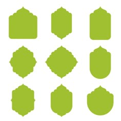 a set of nine green labels with different shapes