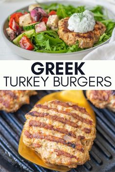 greek turkey burgers on the grill with lettuce and tomatoes