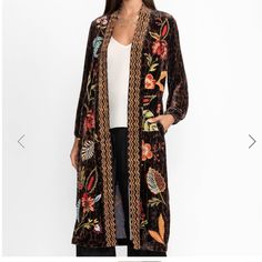 Johnny Was Kimono Jacket Nwt Medium Available Maple Dress, 2024 Lookbook, Placement Embroidery, Plain Maxi Dress, Embroidered Coat, Embroidered Kimono, Kimono Coat, Afghan Clothes, Velvet Clothes