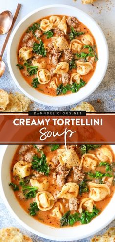 CREAMY TORTELLINI SOUP Sausage Spinach Tortellini Soup, Sausage Spinach Tortellini, Weeknight Soup, Sausage And Kale, Creamy Tortellini Soup, Creamy Tortellini, Spinach Tortellini Soup, Creamy Soup Recipes, Sausage Tortellini Soup