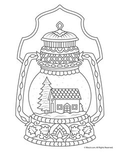 a glass jar with a house inside and a christmas tree in the top, coloring page