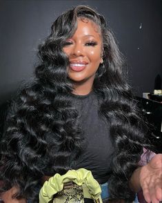 Jet Black Water Wave Wig, Big Hair Black Women Weave, Crimps Hairstyles For Black Women Side Part, Wavy Bundles Sew Ins, Curly Bussdown, Pretty Weave Hairstyles, See In Styles For Black Women, Side Part Beach Waves Black Women, Crimp Side Part